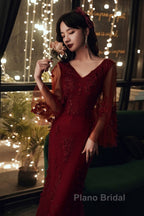 Wine Red Mermaid Long Formal Prom Dresses With Lace, V-Neckline Formal Prom Dresses