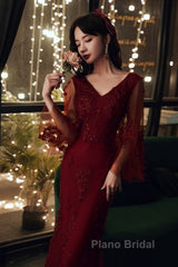 Wine Red Mermaid Long Formal Prom Dresses With Lace, V-Neckline Formal Prom Dresses