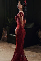 Wine Red Mermaid Long Formal Prom Dresses With Lace, V-Neckline Formal Prom Dresses