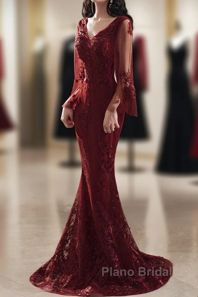 Wine Red Mermaid Long Formal Prom Dresses With Lace, V-Neckline Formal Prom Dresses Main image