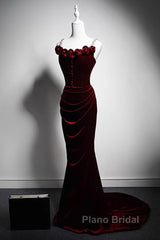 Wine Red Mermaid Straps Beaded Long Formal Dresses, Wine Red Evening Dresses Formal Prom Dresses