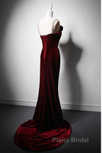 Wine Red Mermaid Straps Beaded Long Formal Dresses, Wine Red Evening Dresses Formal Prom Dresses