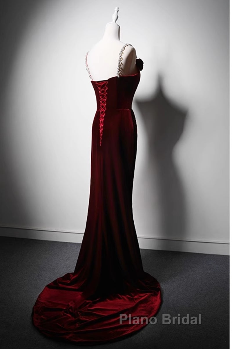 Wine Red Mermaid Straps Beaded Long Formal Dresses, Wine Red Evening Dresses Formal Prom Dresses