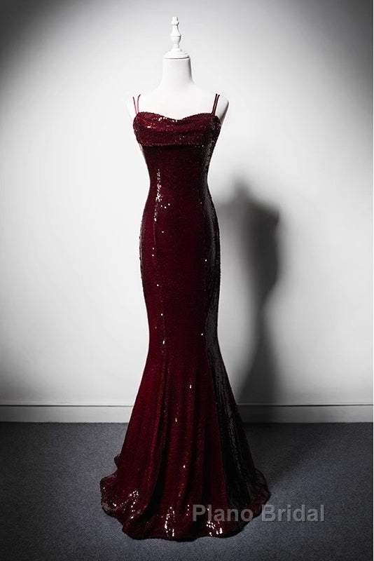 Wine Red Mermaid Straps Long Formal Prom Dresses Party Dresses, Wine Red Sequins Evening Dresses Secondary image