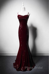 Wine Red Mermaid Straps Long Formal Prom Dresses Party Dresses, Wine Red Sequins Evening Dresses