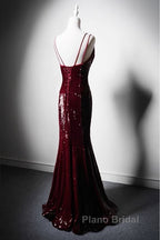 Wine Red Mermaid Straps Long Formal Prom Dresses Party Dresses, Wine Red Sequins Evening Dresses