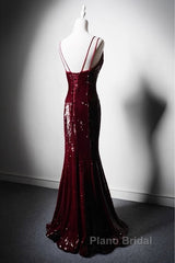 Wine Red Mermaid Straps Long Formal Prom Dresses Party Dresses, Wine Red Sequins Evening Dresses