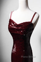 Wine Red Mermaid Straps Long Formal Prom Dresses Party Dresses, Wine Red Sequins Evening Dresses