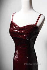 Wine Red Mermaid Straps Long Formal Prom Dresses Party Dresses, Wine Red Sequins Evening Dresses