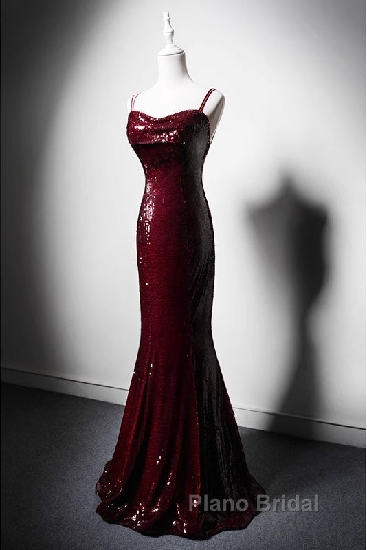 Wine Red Mermaid Straps Long Formal Prom Dresses Party Dresses, Wine Red Sequins Evening Dresses