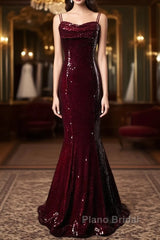 Wine Red Mermaid Straps Long Formal Prom Dresses Party Dresses, Wine Red Sequins Evening Dresses