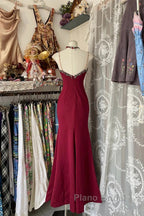 Wine Red Mermaid Straps Sweetheart Party Dresses, Wine Red Lace Formal Prom Dresses