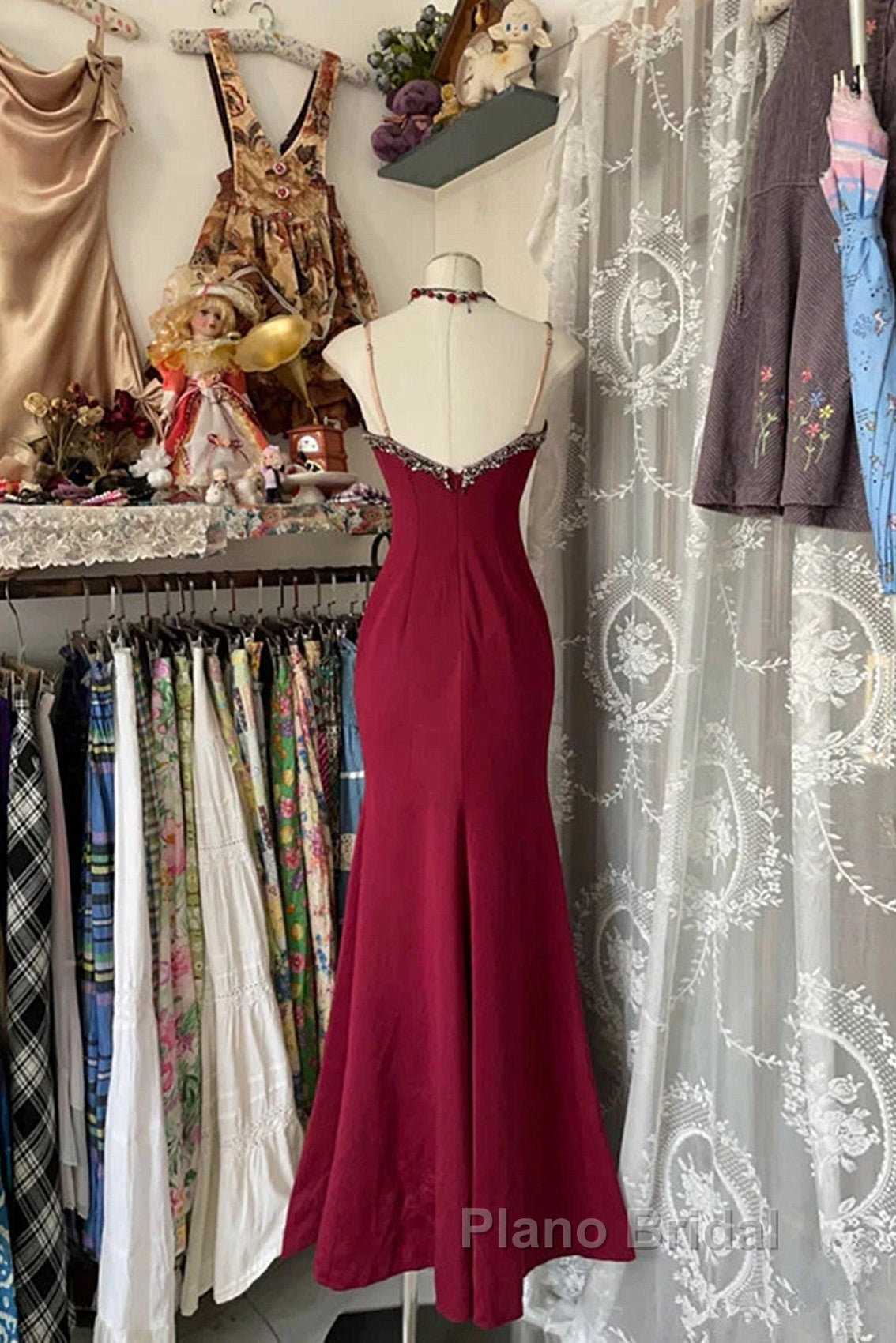 Wine Red Mermaid Straps Sweetheart Party Dresses, Wine Red Lace Formal Prom Dresses