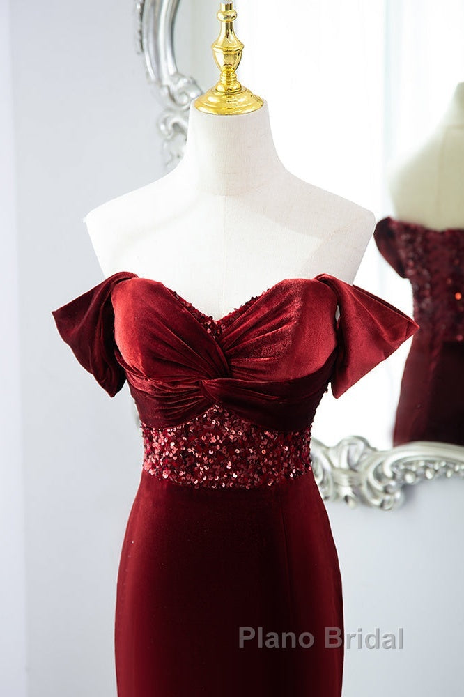 Wine Red Mermaid Velvet Long Party Dresses, Wine Red Formal Prom Dresses Evening Dresses