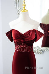 Wine Red Mermaid Velvet Long Party Dresses, Wine Red Formal Prom Dresses Evening Dresses
