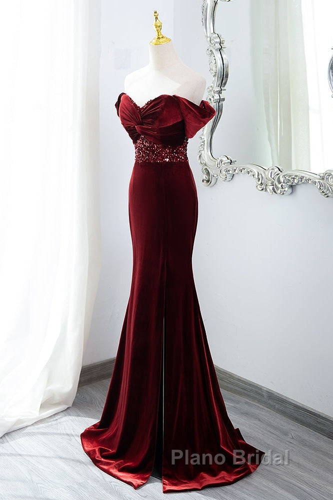 Wine Red Mermaid Velvet Long Party Dresses, Wine Red Formal Prom Dresses Evening Dresses