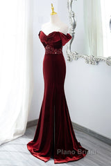 Wine Red Mermaid Velvet Long Party Dresses, Wine Red Formal Prom Dresses Evening Dresses