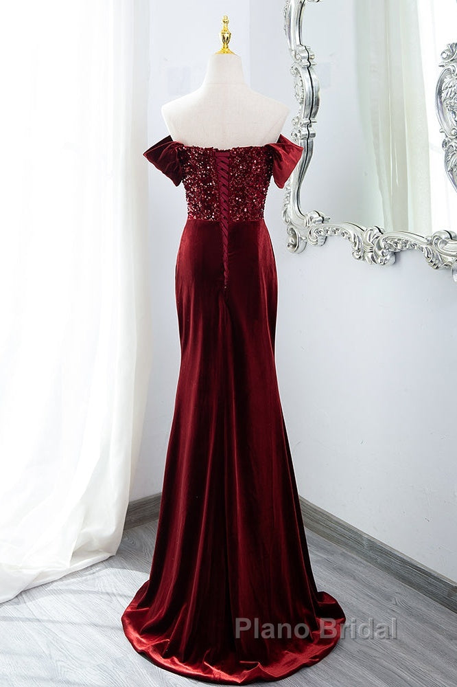 Wine Red Mermaid Velvet Long Party Dresses, Wine Red Formal Prom Dresses Evening Dresses