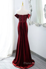 Wine Red Mermaid Velvet Long Party Dresses, Wine Red Formal Prom Dresses Evening Dresses