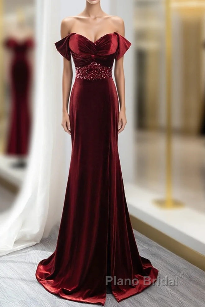 Wine Red Mermaid Velvet Long Party Dresses, Wine Red Formal Prom Dresses Evening Dresses Main image