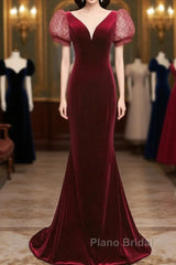 Wine Red Mermaid Velvet With Short Sleeves Formal Dresses, Wine Red Evening Dresses
