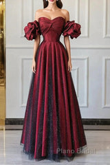Wine Red Off Shoulder Long Formal Dresses, Sweetheart Wine Red Formal Dresses