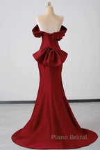 Wine Red Off Shoulder Mermaid Long Party Dresses, Wine Red Evening Dresses Formal Prom Dresses