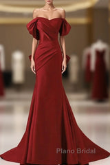 Wine Red Off Shoulder Mermaid Long Party Dresses, Wine Red Evening Dresses Formal Prom Dresses