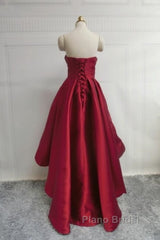 Wine Red Pretty High Low Party Dresses, Wine Red Homecoming Dresses, Lace-Up Junior Formal Prom Dresses