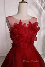 Wine Red Round Neckline A-Line Beaded Party Dresses, Wine Red Long Formal Prom Dresses