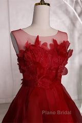 Wine Red Round Neckline A-Line Beaded Party Dresses, Wine Red Long Formal Prom Dresses