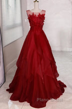 Wine Red Round Neckline A-Line Beaded Party Dresses, Wine Red Long Formal Prom Dresses