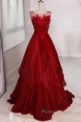 Wine Red Round Neckline A-Line Beaded Party Dresses, Wine Red Long Formal Prom Dresses