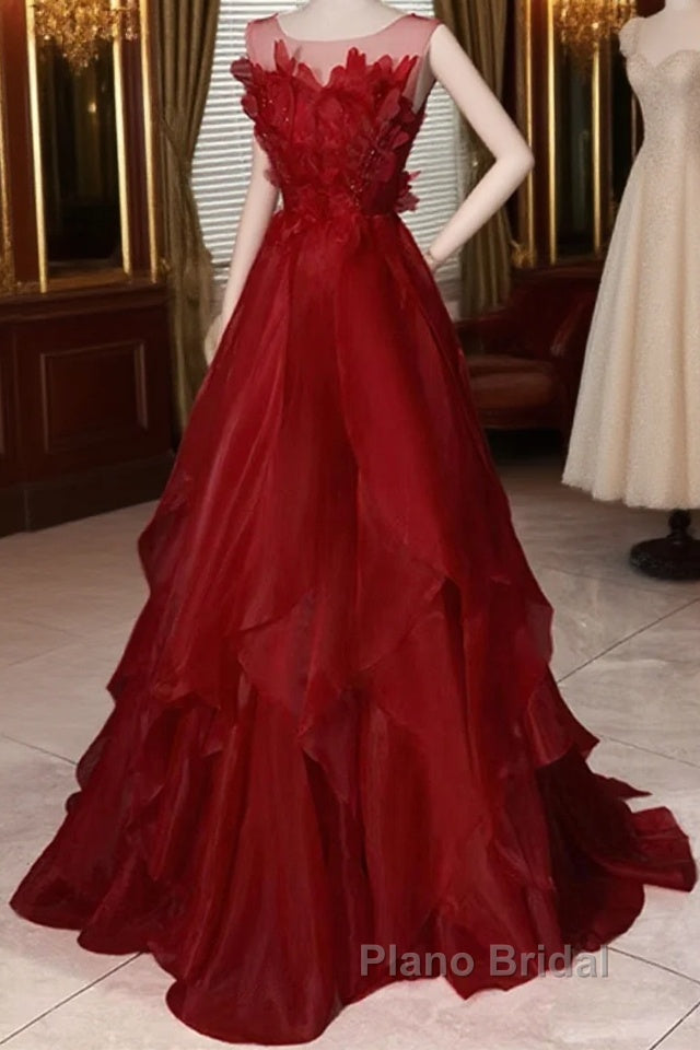 Wine Red Round Neckline A-Line Beaded Party Dresses, Wine Red Long Formal Prom Dresses Main image