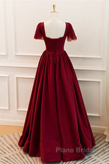 Wine Red Satin A-Line Floor Length Party Dresses, Wine Red Evening Dresses