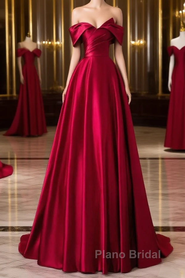 Wine Red Satin A-Line Formal Prom Dresses, Wine Red Evening Dresses Formal Dresses