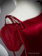 Wine Red Satin and Tulle Straps Long Prom Dress, Wine Red Off Shoulder Party Dress