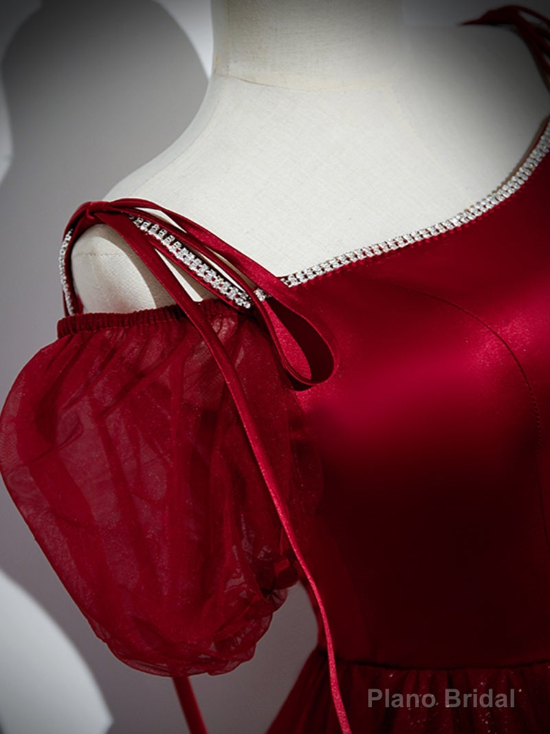 Wine Red Satin and Tulle Straps Long Prom Dress, Wine Red Off Shoulder Party Dress