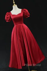 Wine Red Satin Bridesmaid Dresses Party Dresses, Tea Length Formal Prom Dresses