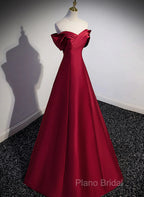 Wine Red Satin Long Party Dresses, A-Line Wine Red Satin Formal Prom Dresses