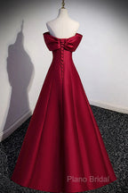 Wine Red Satin Long Party Dresses, A-Line Wine Red Satin Formal Prom Dresses