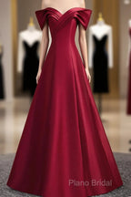 Wine Red Satin Long Party Dresses, A-Line Wine Red Satin Formal Prom Dresses