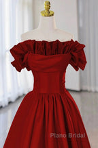 Wine Red Satin Long Formal Prom Dresses Party Dresses, Wine Red A-Line Long Wedding Party Dresses