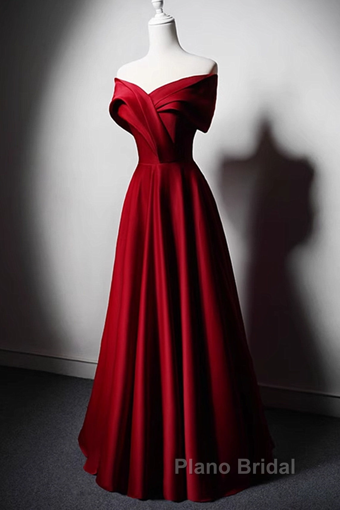 Wine Red Satin Off Shoulder A-Line Party Dresses, Wine Red Long Formal Dresses Formal Prom Dresses Secondary image