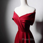 Wine Red Satin Off Shoulder A-Line Party Dresses, Wine Red Long Formal Dresses Formal Prom Dresses