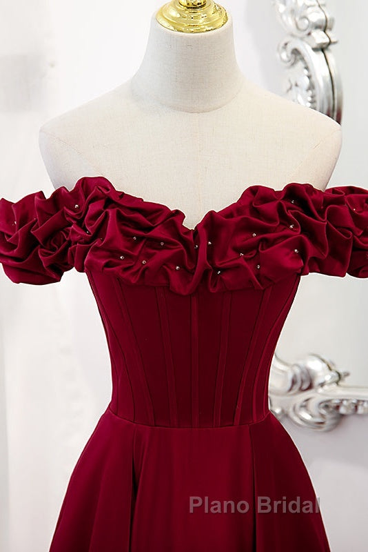 Wine Red Satin Off Shoulder Beaded Long Formal Dresses, Wine Red A-Line Formal Prom Dresses Secondary image