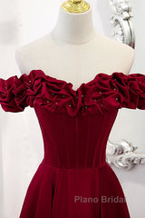 Wine Red Satin Off Shoulder Beaded Long Formal Dresses, Wine Red A-Line Formal Prom Dresses