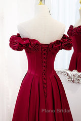 Wine Red Satin Off Shoulder Beaded Long Formal Dresses, Wine Red A-Line Formal Prom Dresses