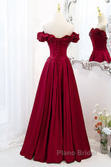 Wine Red Satin Off Shoulder Beaded Long Formal Dresses, Wine Red A-Line Formal Prom Dresses