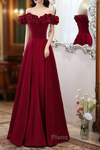 Wine Red Satin Off Shoulder Beaded Long Formal Dresses, Wine Red A-Line Formal Prom Dresses